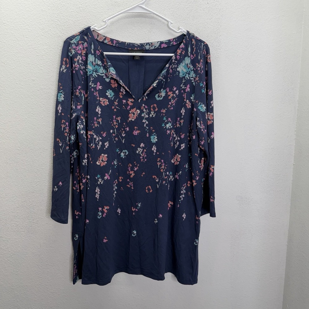 J Jill Wearever Collection V Neck Soft Long Floral Tunic 3/4 Sleeve Top Size PL